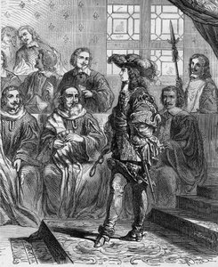 Ludvig XIV (1638 - 1715) var 17 år gammal 1652 inför parlamentet och tvingade presidenten att upplösa församlingen. Gravyr i "" Histoire De France En Cent-målningar av Paul Lehugeur "" 1891. av French School