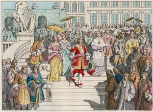 Ludvig XIV (Louis 14) och hans hov i Versailles - Ludvig XIV av Frankrike och hans hov i Versailles - Gravyr från slutet av 1800-talet i "" Nos Gires Nationales - Images et recits"" av French School