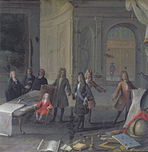 Ludvig XIV deltar i en lektion av sitt barnbarn, den blivande Ludvig XV, ca 1715 av French School