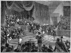 Ludvig XVIII och inrättandet av den konstitutionella monarkin - konstitutionell stadga av 4 juni 1814 - Ludvig XVIII presiderar över öppnandet av kamrarnas session den 4 juni 1814 i Palais Bourbon i Paris - i "Histoire de l