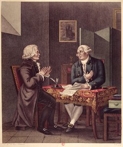 Ludvig XVI (1754-93) Läser sin sista testamente och testamente för Guillaume de Lamoignon de Malesherbes (1721-94) i templet, 25 december 1793 av French School