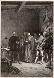 Louis de Berquin (1485-1529), riddare och humanist, religiös reformator, befriad av Jean de la Barre (1523-1533) prevot de Paris - Louis de Berquin (vänster) frigiven från fängelset av John de la Barre - gravyr från "" Frankrikes historia berättade för min av French School