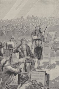Ludwig van Beethoven dirigerar en orkester trots sin dövhet (gravyr) av French School