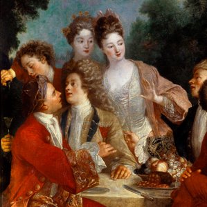 Lunch i Parc Des nobles vid en landsbankett. Detalj av målningen av 1700-talets franska skola. Orleans Museum of Fine Arts av French School