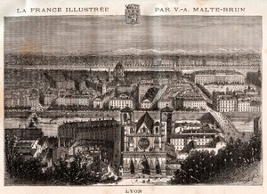 Lyon - gravyr i "La France illustrée: geografi, historia, statistisk administration" av V.A. Malt-Brown. 1884 av French School