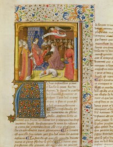 MS 246 f.1r Raoul de Presles presenterar sin översättning för Charles V (1338-80) från La Cite de Dieu av St. Augustine, översatt av Raoul de Presles (1316-82) c.1400-50 av French School