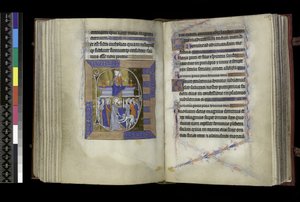 MS 300 f.177v-178r, Matins, Virgin and Child sittande mellan två vaser på bänken (ovan); Förräderi mot Kristus, med Judas som kysser Kristus, och St Peter skär av Malchus öra (nedan), från Isabellas psalter och timmar, Paris, ca 1265-70 (penna & av French School