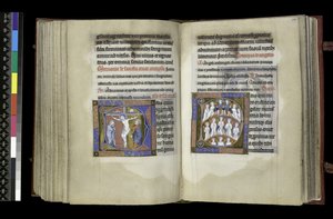MS 300 f.198v-199r, Rösträtt till korset och rösträtt för änglar, från Isabellas psalter och timmar, Paris, ca 1265-70 (penna & bläck och tempera på pergament) av French School