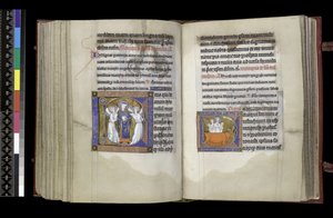 MS 300 f202v-203r, Rösträtt till St Denis och Rösträtt till St Eustace, från Isabella av Frankrikes psalter och timmar, Paris, ca 1265-70 av French School
