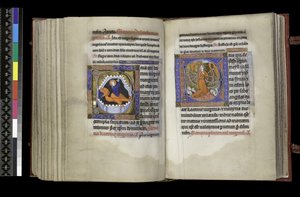 MS 300 f.206v-207r, Rösträtt för St. Margareta och Rösträtt för St. Katarina, från Isabellas psalter och timmar, Paris, c.1265-70 (penna & bläck och tempera på pergament) av French School