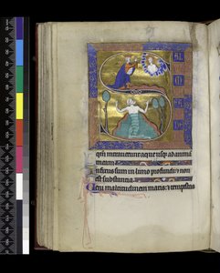 MS 300 f.70v, David ber till Gud (ovan), David sjunker i vatten (nedan), från Psalter and Hours of Isabella of France, Paris, c.1265-70 (penna & bläck och tempera på pergament) av French School