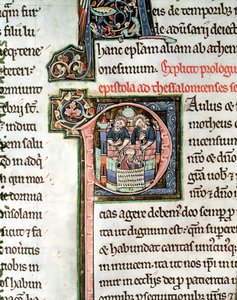 MS 3 Fol. 291v The Escape of Saint Paul from Damaskus, upplyst initial bokstav P, 1200-talet, från Avranches Bible av French School