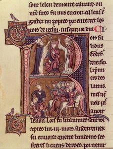 MS Fr 9081 f.99v Historikert initial R som föreställer kung Baldwin I av Flandern (1171-1205) som kröntes till den latinska kejsaren 1204 och hans generositet mot en turkisk kvinna som skickar iväg sitt barn av French School