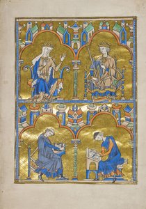 MS M.240 f.8r, Blanche av Kastilien och kung Ludvig IX av Frankrike och nedan: Författare som dikterar till en skriftlärare, Bibeln från Saint Louis (moraliserad bibel), troligen Paris av French School