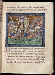 MS Marlay Lägg till 1 f.86 Sida med text med belysning av ett sjöslag, från De Re Militari, c.1270 av French School