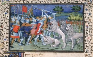 MS Royal 20 B.XX fol.50v Alexander den store (356-323 f.Kr.) strider med vita lejon, från 