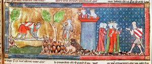 M. 806 f.166 Lancelot bevisar sin kärlek till Guinevere genom att korsa en flod överbryggad av ett skarpt svärd, från Roman de Lancelot du Lac, 1344 av French School