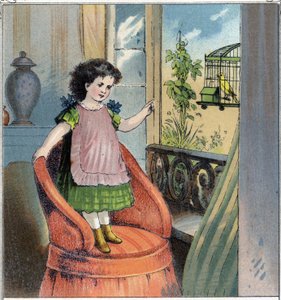 Madeleine, den lilla flickan, fick en serin på sin födelsedag: den här är i en bur och trots den tillgivenhet som barnet bär honom ångrar han sin frihet och känner sig fången. Kromolitografi från "Childhood Scenes". Edition Guerin - Muller cirka 1885. av French School