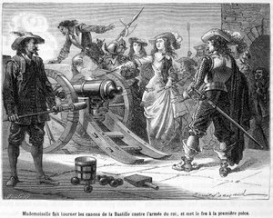 Mademoiselle (Grande Mademoiselle = Duchesse de Montpensier) vände Bastiljens vapen mot kungens armé och satte eld på det första stycket - i "Histoire de France populaire" av Henri Martin. av French School