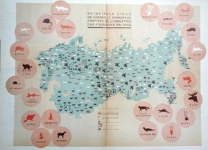 Huvudsakliga jaktområden och centra för pälsindustrin i Sovjetunionen, illustration från 