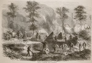 Att göra träkol för krut, illustration från Cassells historia om kriget mellan Frankrike och Tyskland, 1870-1871 av French School