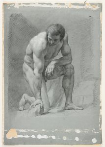 Male Academy, Kneeling, Leaning Forward on a Rock, sent 1700-tal (svart krita med vit förhöjning) av French School