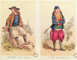 Mansdräkter från Landerneau och Goulven, från Les Costumes Bretons de Sorrieu av French School