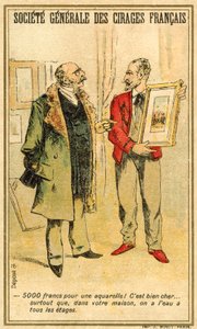Man prutar om priset på en akvarell med en konstnär (chromolitho) av French School