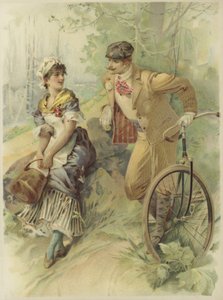 Man på cykel friar till en städerska (chromolitho) av French School