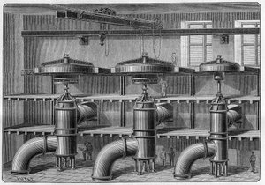 Tillverkning av aluminium; installation av turbiner och dynamo vid Neuhausen-fabriken (Schweiz). Gravyr i "" Nature. Journal of science och dess tillämpningar på konst och industri. av French School