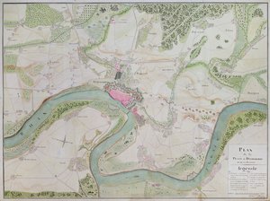 Karta över Düsseldorf och omgivande områden (penna och bläck på papper) av French School