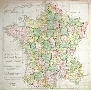 Karta över Frankrike som visar planer på att dela avdelningar, 1789 (färg litho och bläck)