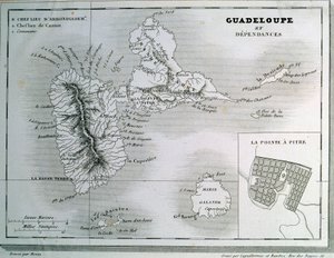 Karta över Guadeloupe och dess beroenden. Gravyr av 1800-talet. Chartres, Museum of Fine Arts av French School