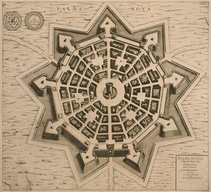 Karta över Palmanova, från Les Villes de Venetie, 1704, publicerad av Rutgert Alberts i Haag