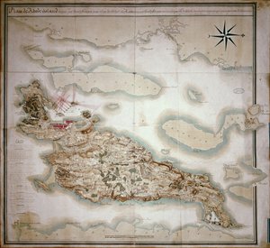 Karta över Rhode Island vid tiden för dess ockupation 1780-81 av den franska armén på order av Jean-Baptiste de Vimeur (1725-1807) greve av Rochambeau