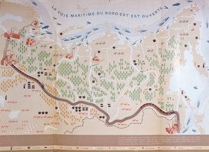 Karta över Sibirien som visar områdets enorma naturresurser och visar en sjöväg som skulle öppna för handel, 1933
