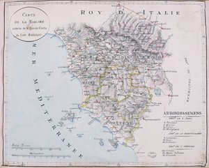 Karta över Toscana, detalj av den stora kartan över J. de Baillou (penna, bläck och akvarell på papper) av French School