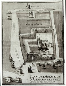 Karta över klostret Saint-Germain-des-Pres, 1713 (bläck och gouache på papper) av French School
