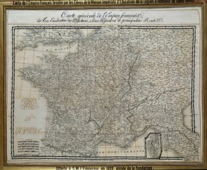 Karta över det franska imperiet (första imperiet) broderad av studenterna vid det imperiala huset för hederslegionen i Saint Denis. Broderibild från 1809. Ile d