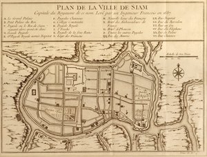 Karta över staden Siam, huvudstad i kungariket med det namnet efter en undersökning gjord av en fransk ingenjör 1687, publicerad i 1751 års upplaga av Histoire Generale des Voyages av Antoine Prevost