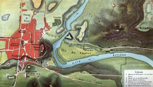 Karta över landet Lourdes 1858, året för Bernadette Soubirous visioner: den visar platsen för hennes hus och grottan. Höga Pyrenéerna (65). Kromolitografi i "" Notre Dame de Lourdes"" av Henri Lasserre av French School