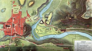 Karta över landet Lourdes 1877: den visar platsen för Bernadette Soubirous hus, grottan där hon skulle ha sett Jungfru Maria, samt basilikan, karmeliternas och benediktinernas kloster och biskopspalatset. Hög Pyren av French School