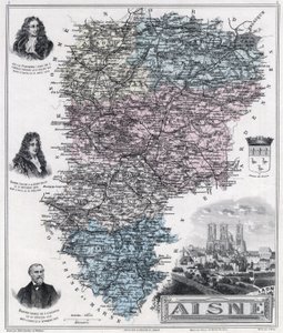 Karta över departementet Aisne (gravyr 1889) av French School