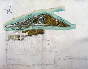 Karta över trädgården i Moulin Joly. Skylt med atlas över planer för Colombes territorium (1780), bevarad i National Archives. av French School