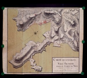 Karta över omgivningarna i Villefranche i greven av Nice-däcken i oktober 1748 av French School
