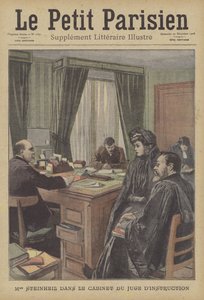 Marguerite Steinheil på domarens kontor (färg litho) av French School