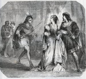 Marguerite de Baviere, hertiginna av Bourgogne (1363-1423) och drottning Isabeau (Isabelle, Elisabeth) av Baviere (1371-1435) separerar Ludvig I av Valois, hertig av Orleans (1372-1407) och Jean Sans Ppeur, hertig av Bourgogne ( 1371-1419), som kämpar för  av French School