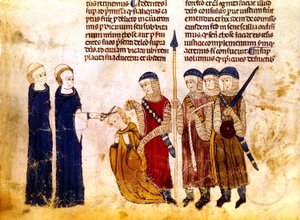 Marguerite av Burgund (1290-1315), hustru till den franske kungen Ludvig X, får håret avklippt för äktenskapsbrott (pergament) av French School