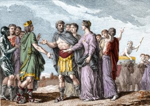 Giftermål av Clovis 1:a (481-511), kung av Frankrike, med Clotilde (Sainte Clotilde, ca 475-545) (drottning) år 493. Gravyr från 1700-talet. av French School