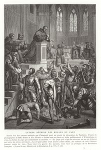 Martin Luther river upp påvliga tjurar, Wittenberg, Tyskland, 1520